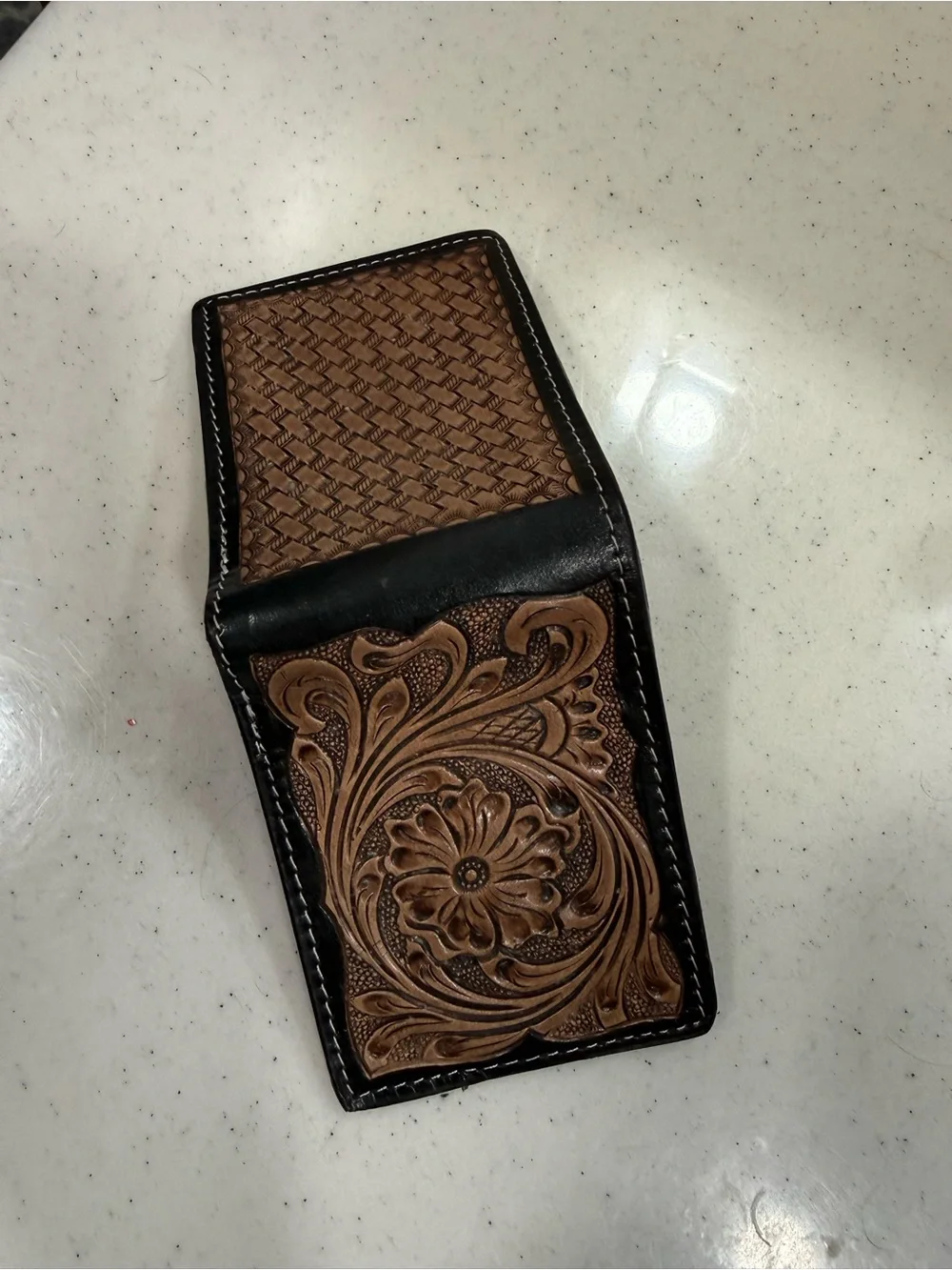 Leather Tooled Bifold Wallet in Brown and Black